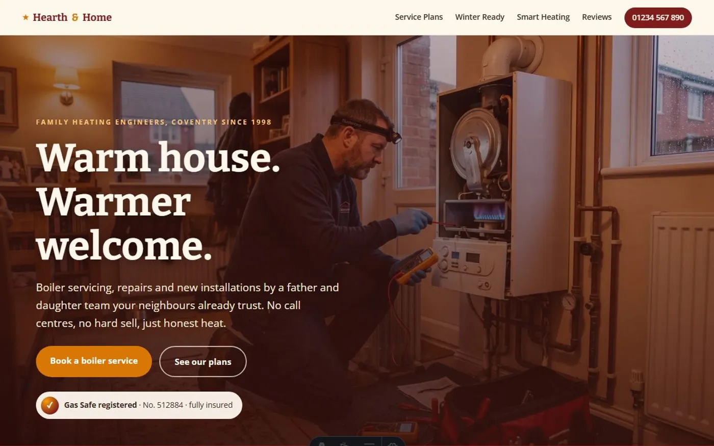 Hearth & Home Heating, a sample heating engineer website we designed